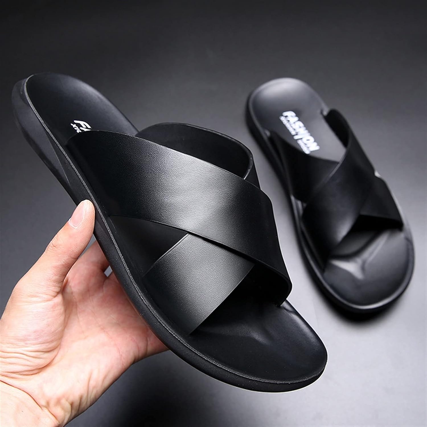 Мужские сланцы Battle Men Fashion X Band, однотонные, из натуральной кожи, с открытым носком, повседневные, пляжные, на резиновой подошве, противоскользящие, черный — фото 4