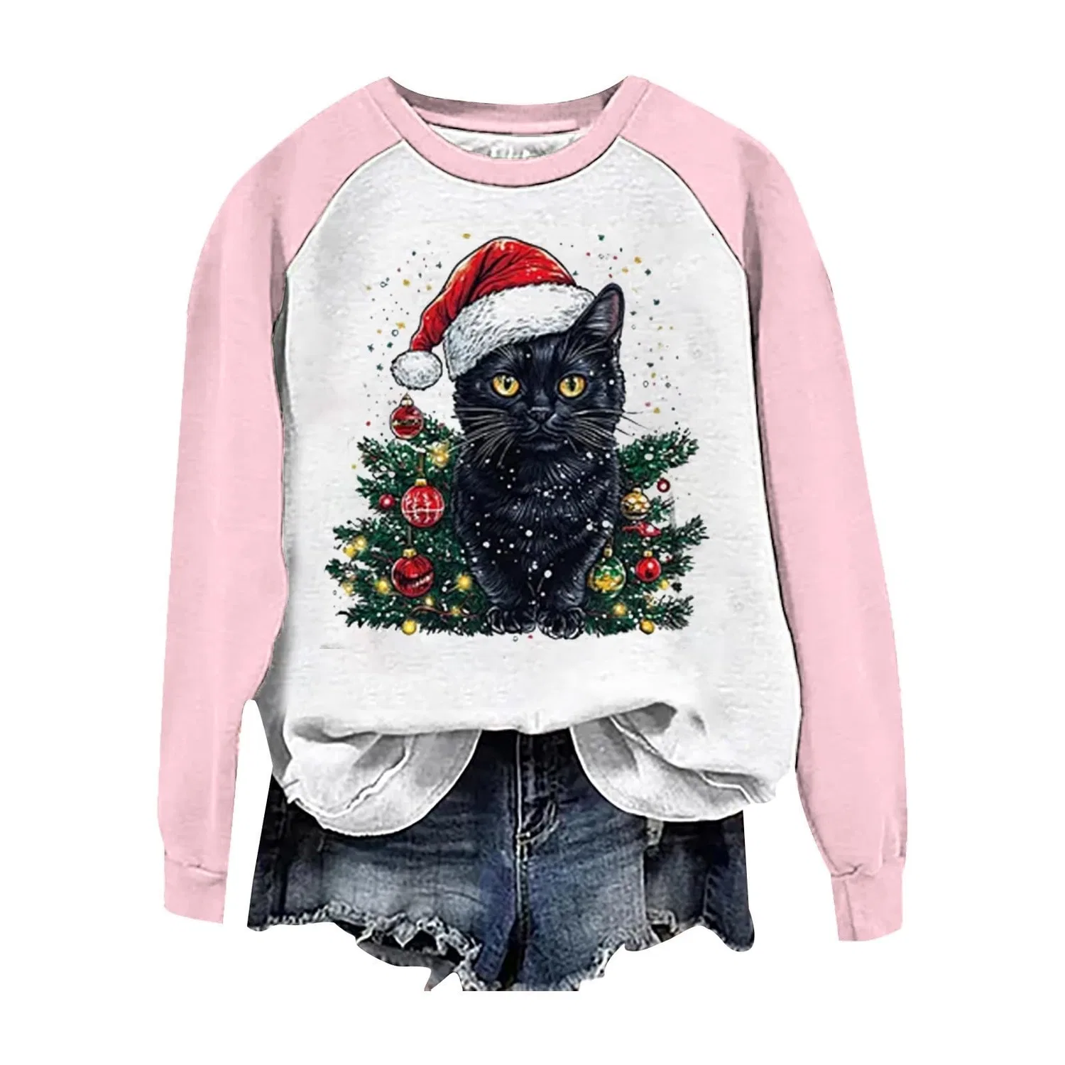 Женский свитшот с принтом Christmas Tree Funny Cat Say What Woman Pullover, Z11 Pink — фото 3