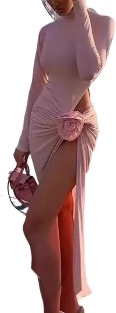 Женское вечернее платье в пол с высоким разрезом, Pink