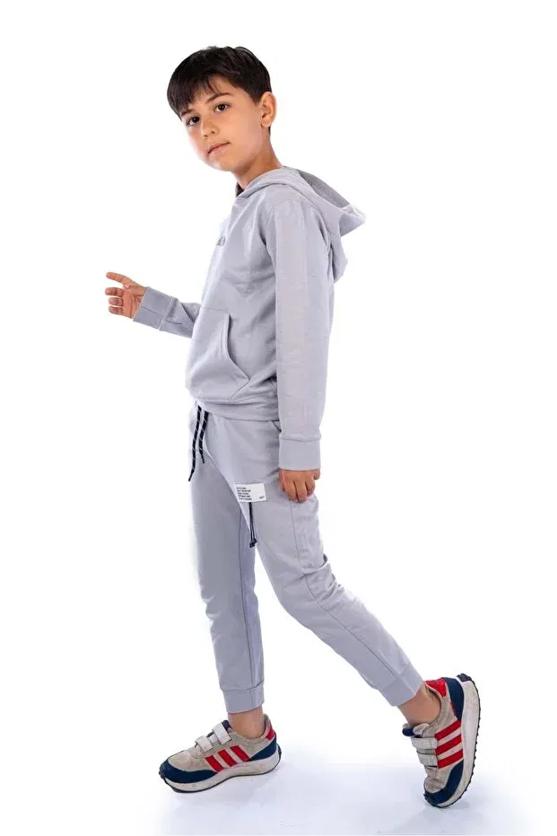 Детский спортивный костюм для мальчиков с капюшоном Class kanguru pocket hooded children's tracksuit mnk10071 Minikadam, Light Gray — фото 2