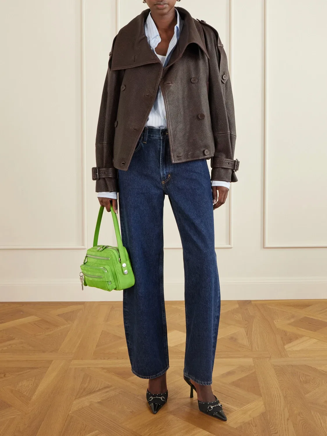 Куртка из кожи с естественной лицевой поверхностью Acne Studios, коричневый — фото 2