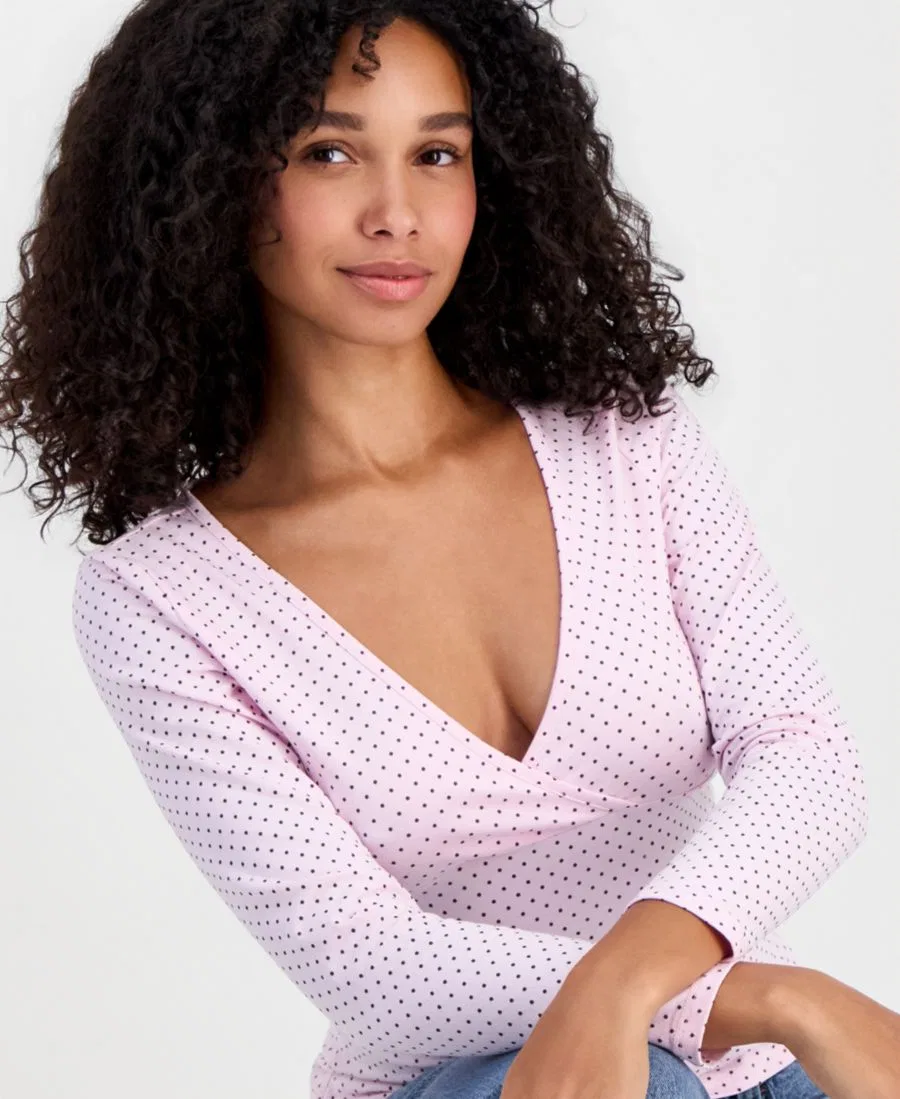 Топ с запахом с длинным рукавом и принтом в горошек Madden Girl, Pink Combo — фото 3