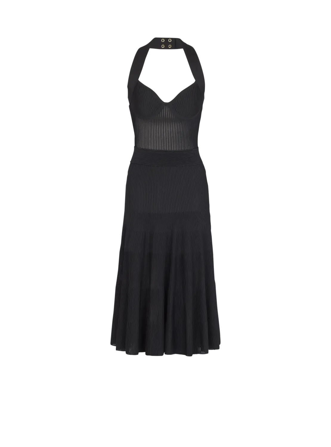 

Платье-миди из трикотажа с плиссировкой и воротником-халтэр Balmain, черный/красный