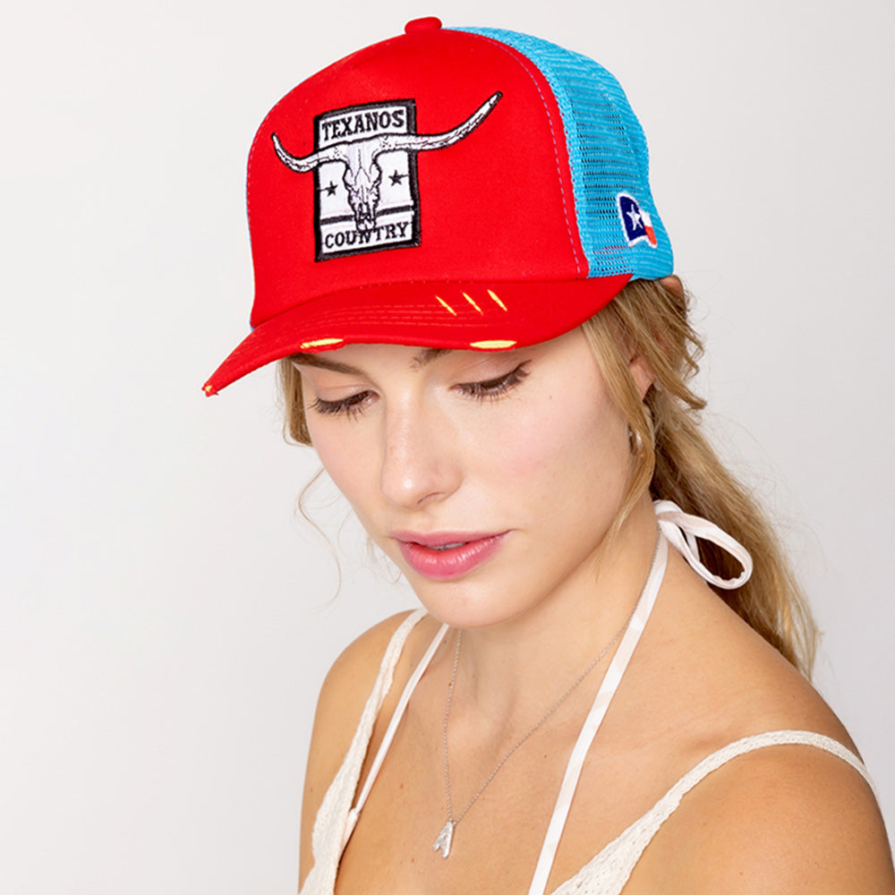 

Бейсболка TEXANOS COUNTRY с вышитой головой техасского быка и сетчатой ​​задней частью FASHNZFAB, красный