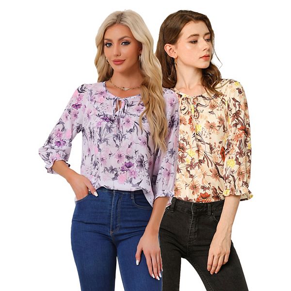 

2 упаковки женских блузок с цветочным принтом и бантом на воротнике Inspire Chic, Dusty Purple Beige