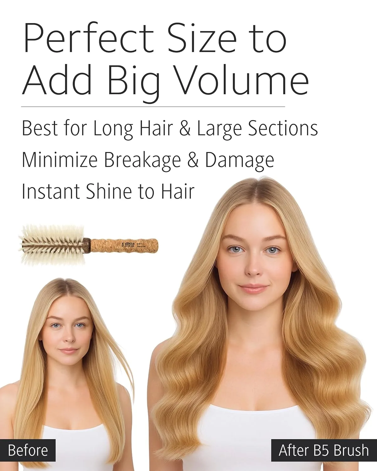 Круглая щетка для волос Ibiza Hair с щетиной из кабаньей щетины (серия B) | Светлая щетина, пробковая ручка | Идеально подходит для окрашенных и тонких волос | Придает текстуру и блеск B5, White — фото 4