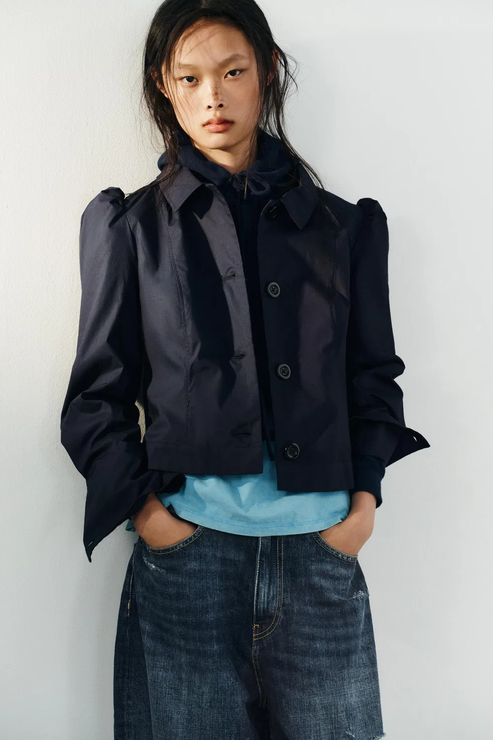 Блейзер с короткими присборенными плечами ZARA, Blue — фото 2