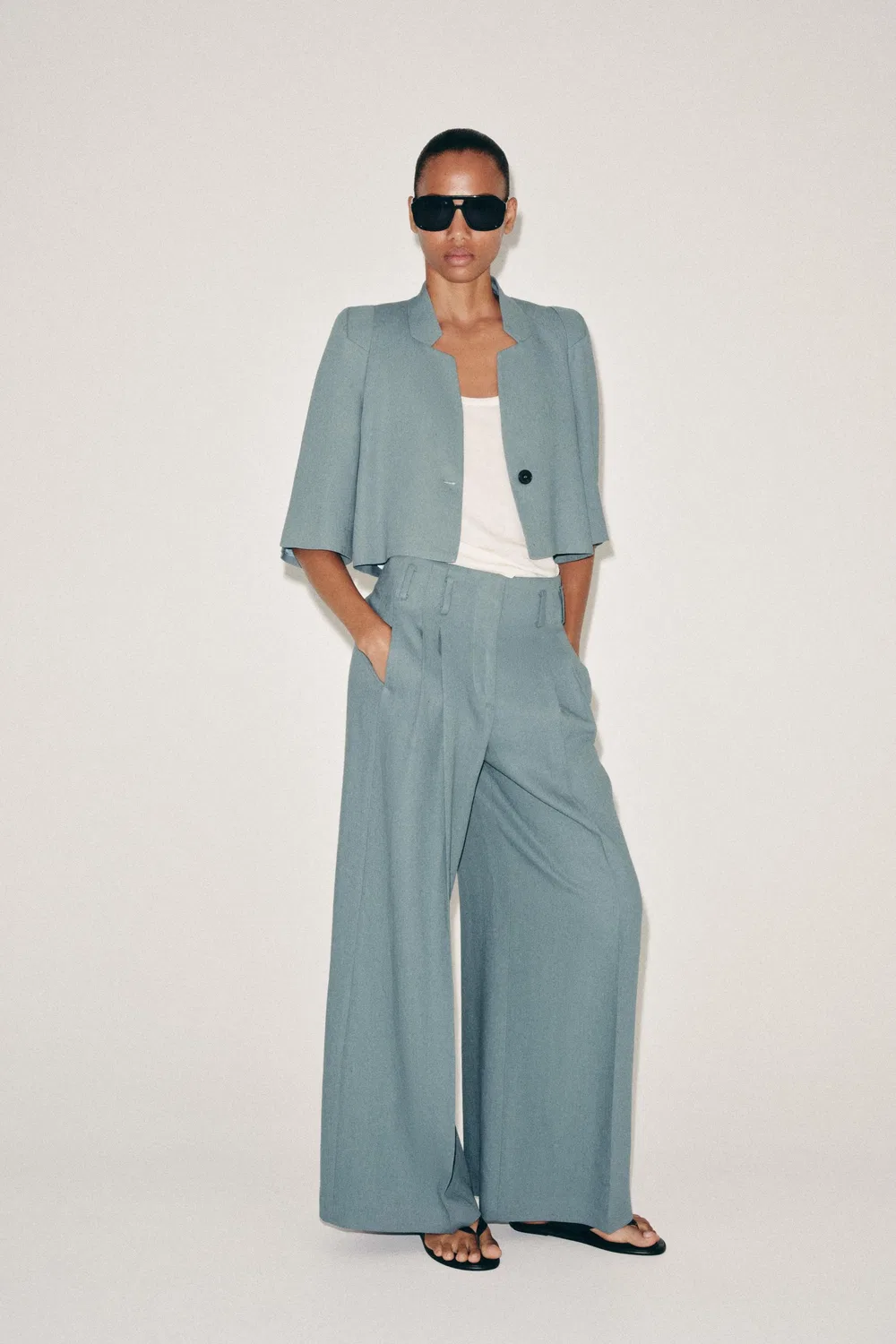Укороченный блейзер из льняной смеси от ZW COLLECTION ZARA, Blue/Grey