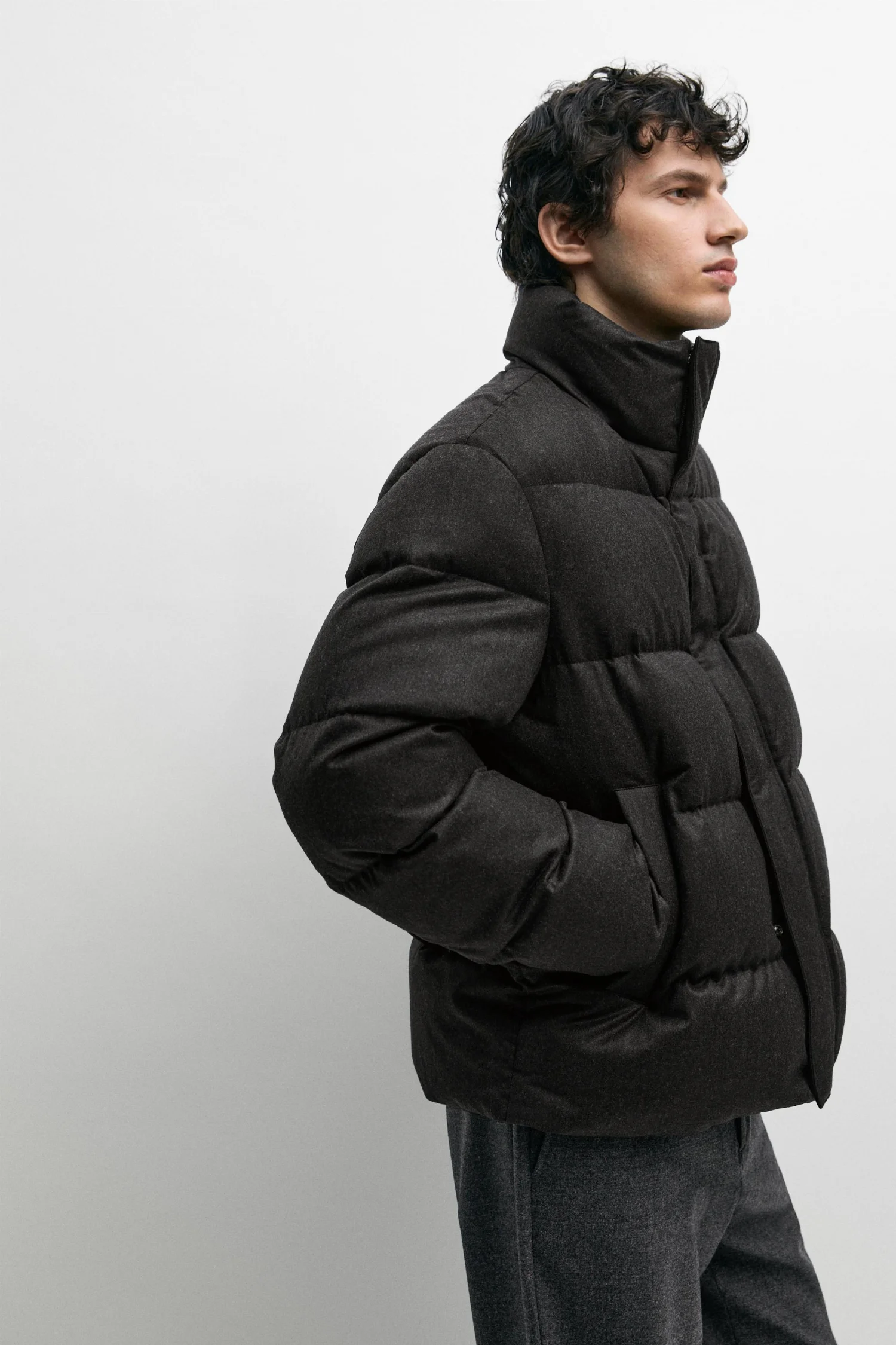 Пуховик Massimo Dutti 100% Wool High Neck, коричневый — фото 4