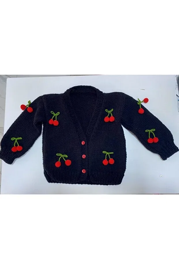 Детский кардиган для девочек с косами Hand Knitted Cherry Baby Cardigan Hobihanem Tuhafiye, Black-Red