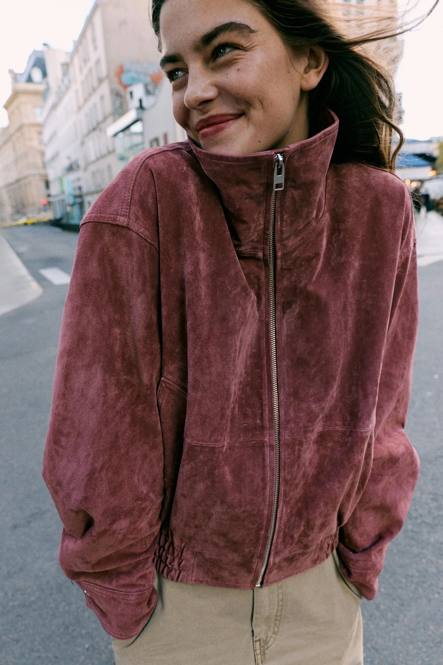 Куртка Zara бомбер из кожи, марсала