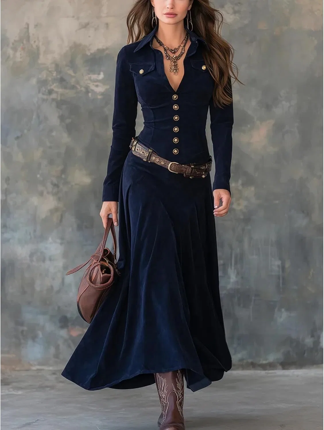 Женское платье макси из вельвета с поясом Casual, Blue — фото 3