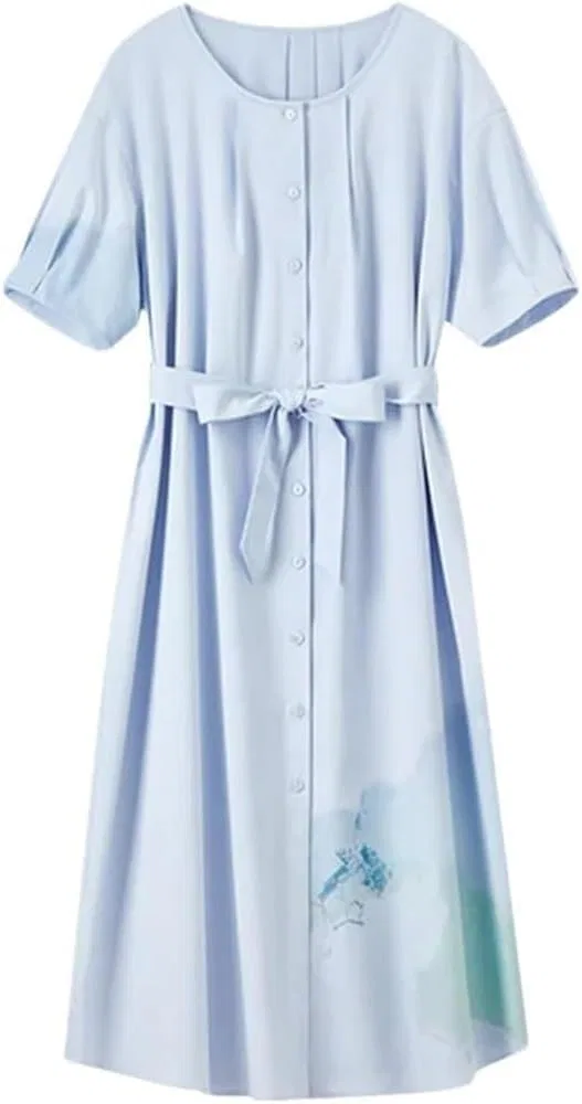 Женское платье-трапеция с запахом на пуговицах, рукав-фонарик, Sky Blue Dress