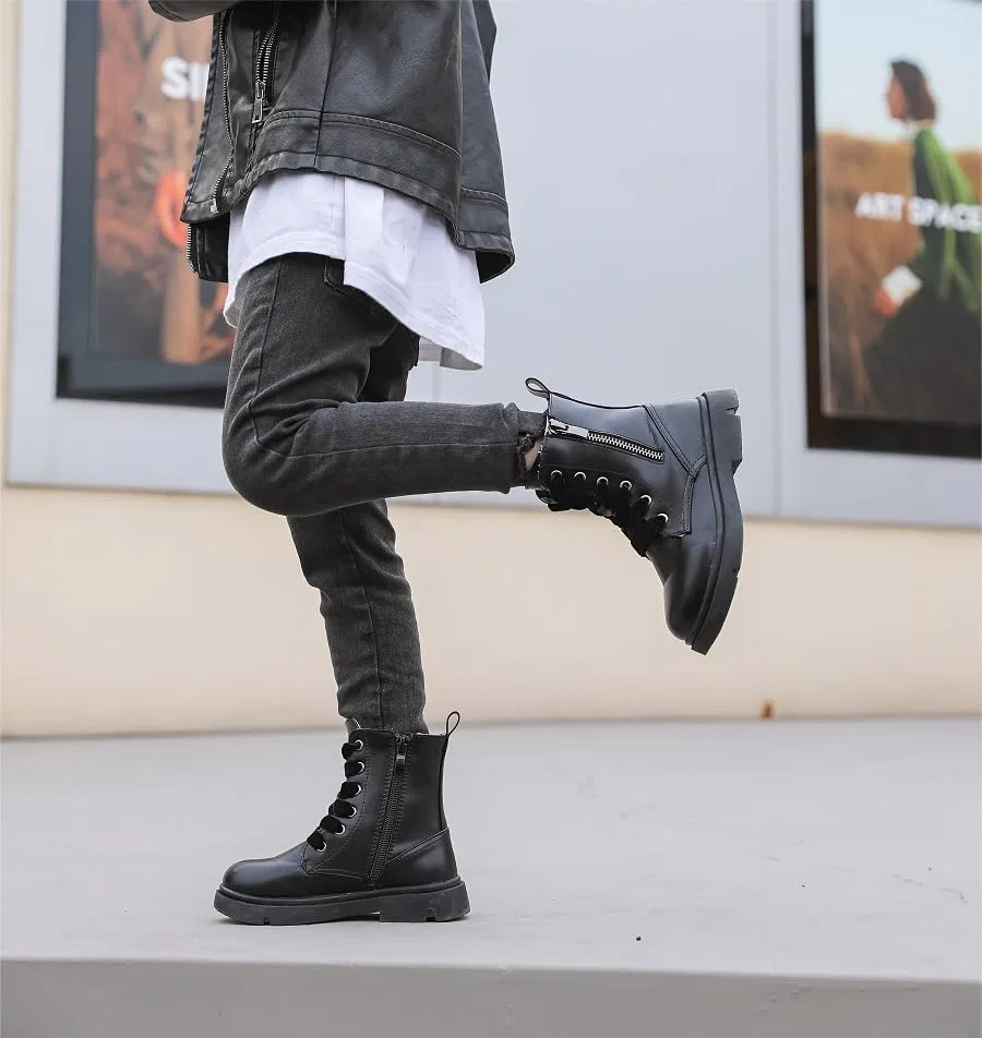 Детские ботинки с блестками на шнуровке и молнии kkdom, Leather Black — фото 2