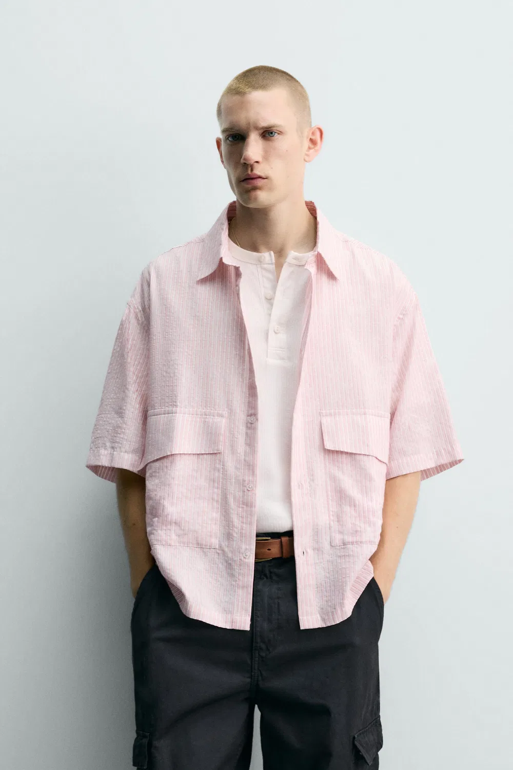 Рубашка из жаккарда с текстурированными полосами ZARA, Pale pink — фото 2