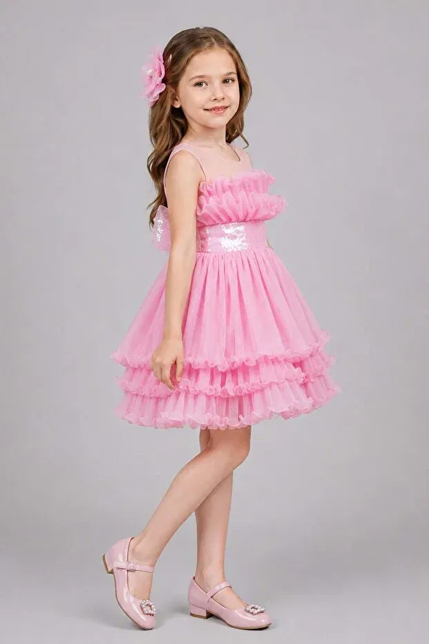 Детское вечернее платье для девочек с пайетками Girl'S transparent straps round neckline sequin belted skirt layered tulle fluffy pink evening dress Riccotarz, Pink — фото 2