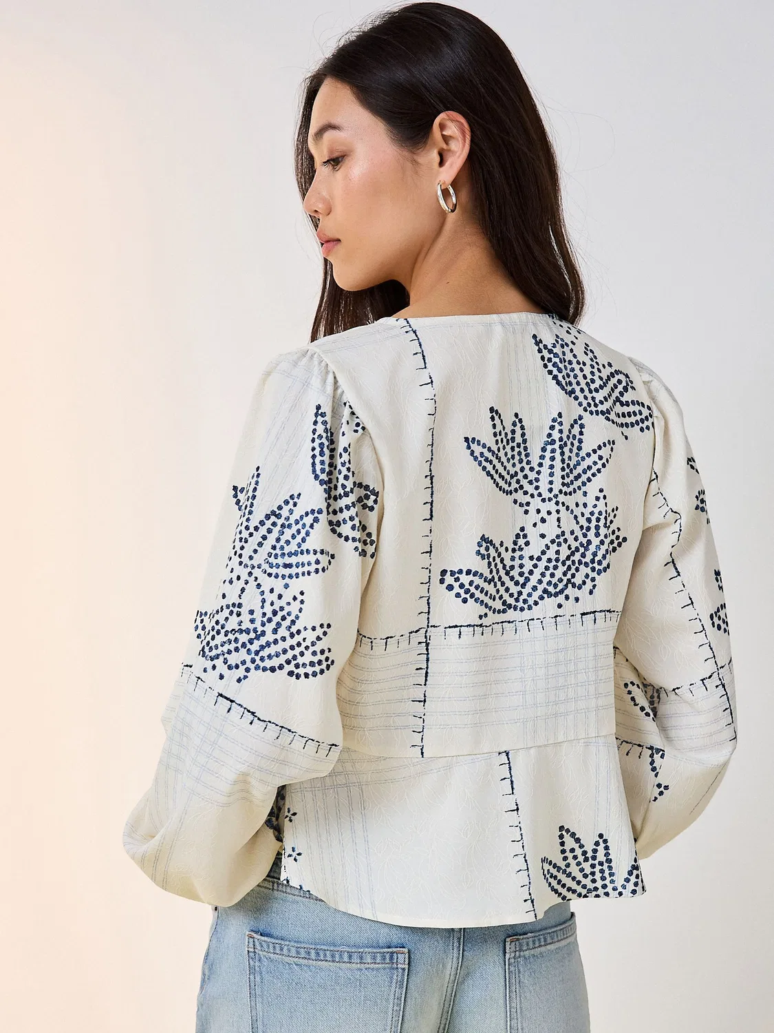 Блуза с завязками, цветочный принт Ecru Jacquard Blue Next, бирюзовый — фото 4