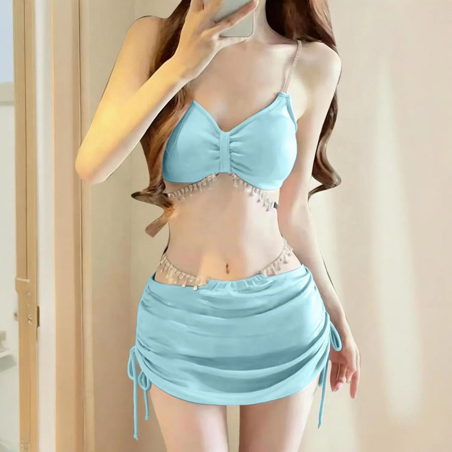 Женский бикини-комплект с пуш-ап и мини-юбкой, Light Blue — фото 2