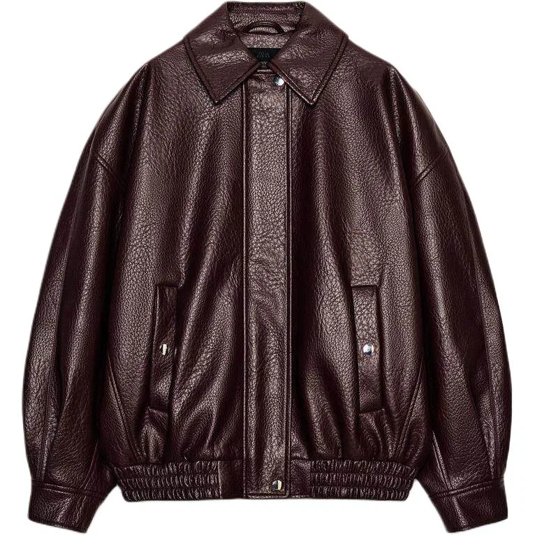 Женская кожаная куртка с лацканами Leather Jackets ZARA, Burgundy