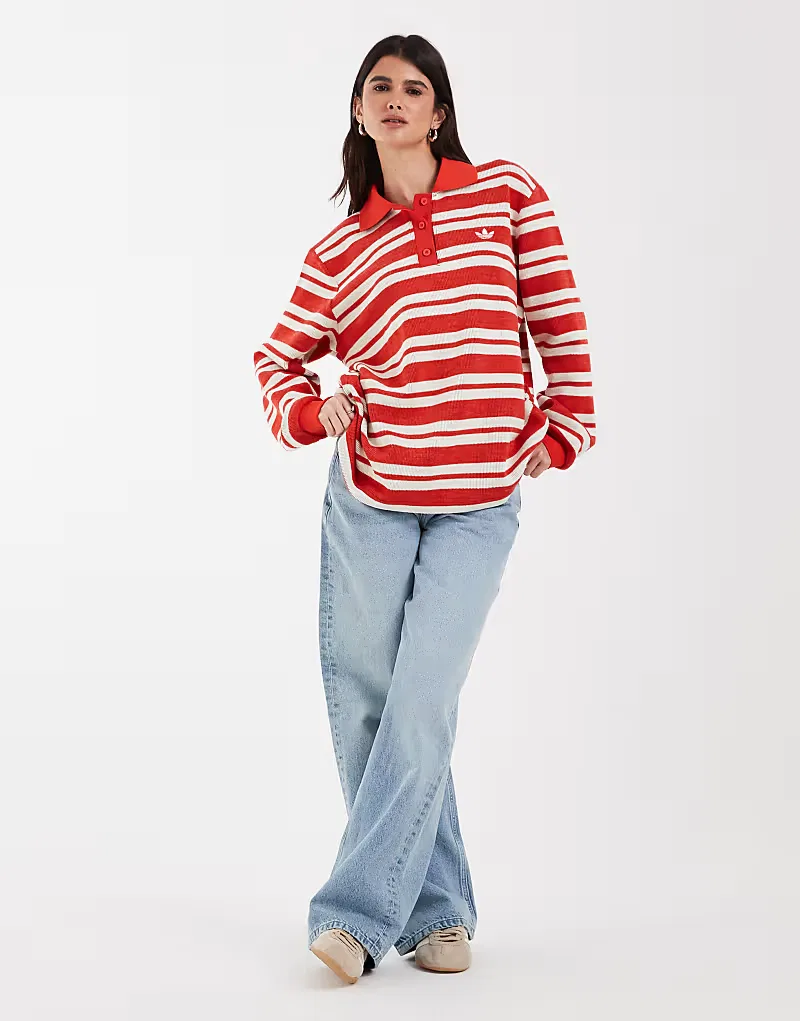 Вязаная регбийная поло-рубашка Adidas Originals Stripe красного, эксклюзивно представлена ​​на ASOS — фото 3