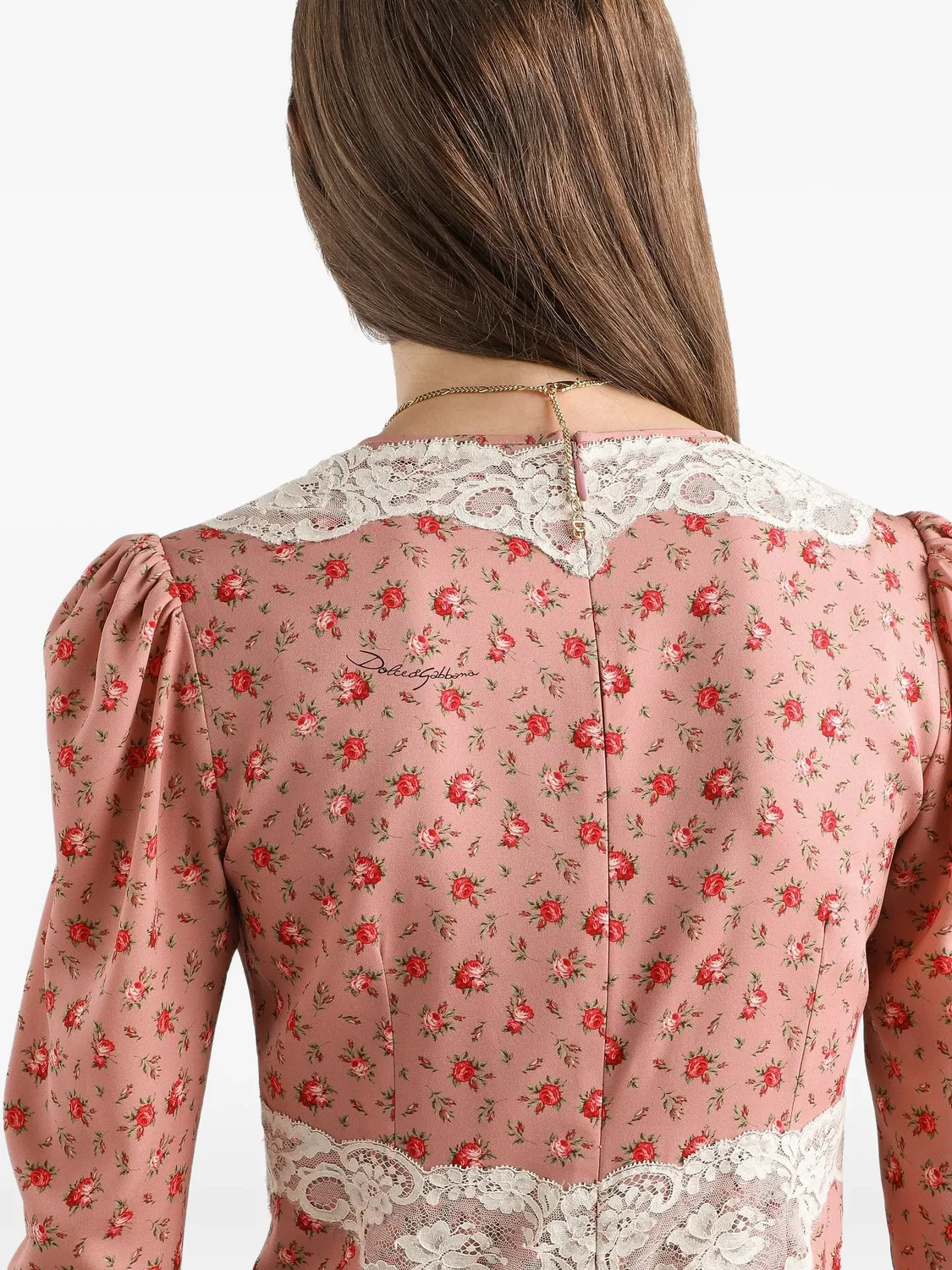 Платье миди с кружевом и цветочным принтом Dolce & Gabbana, розовый — фото 4