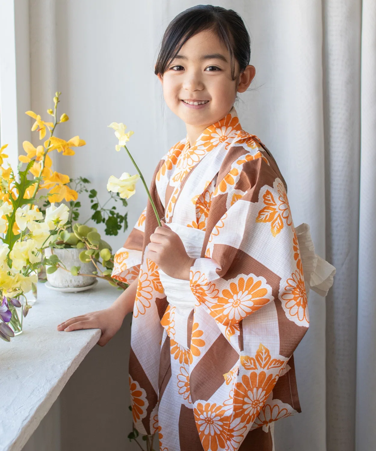 Детское кимоно-юката с цветочным принтом, комплект из 3 предметов Yukata-kan Grace, Orange