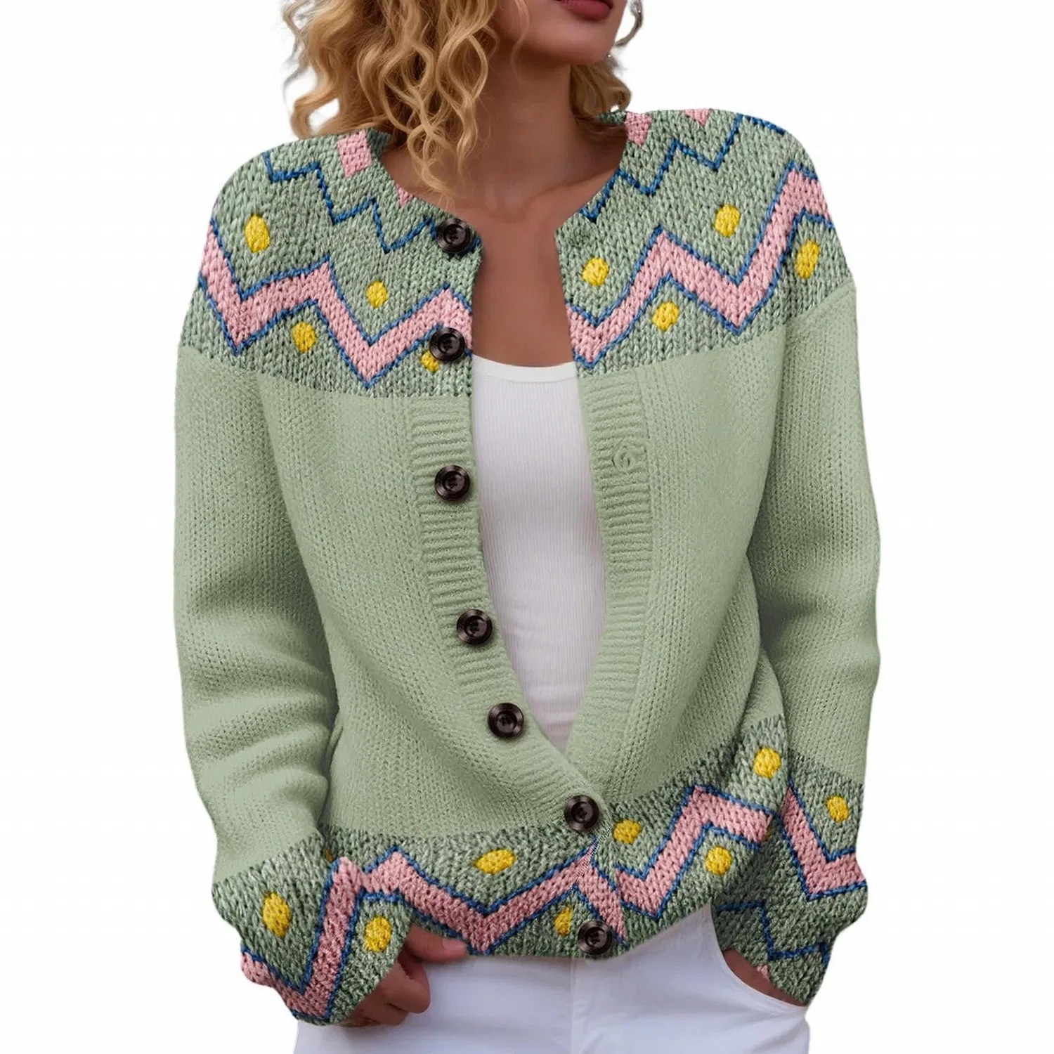 Женский кардиган с принтом Fair Isle, 03#green
