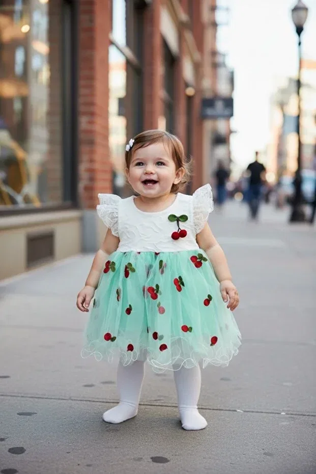Детское платье для девочек с принтом Cherry Patterned Shoulder Ruffle Summer Tuffito, Turquoise