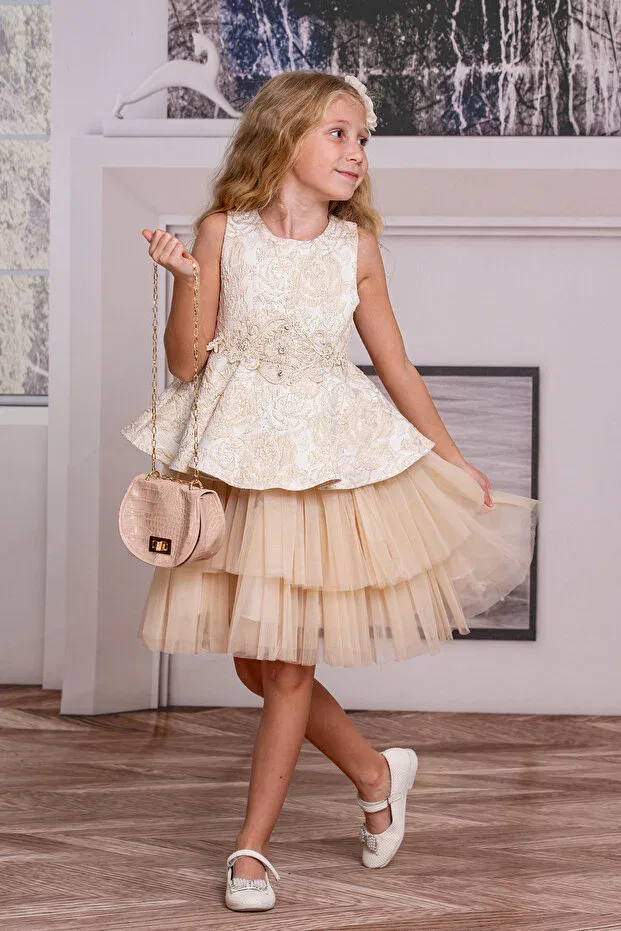 Детское платье из фатина с принтом Süslü Pink Kids, Beige