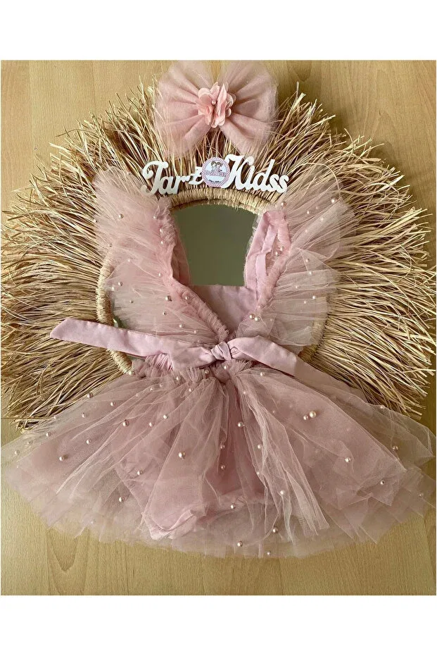 Детский комбинезон-сарафан с принтом Tutu Salopette Dress With Pearls, Flowers And Bandana Ebru Özörgücü, Rose Dry — фото 2