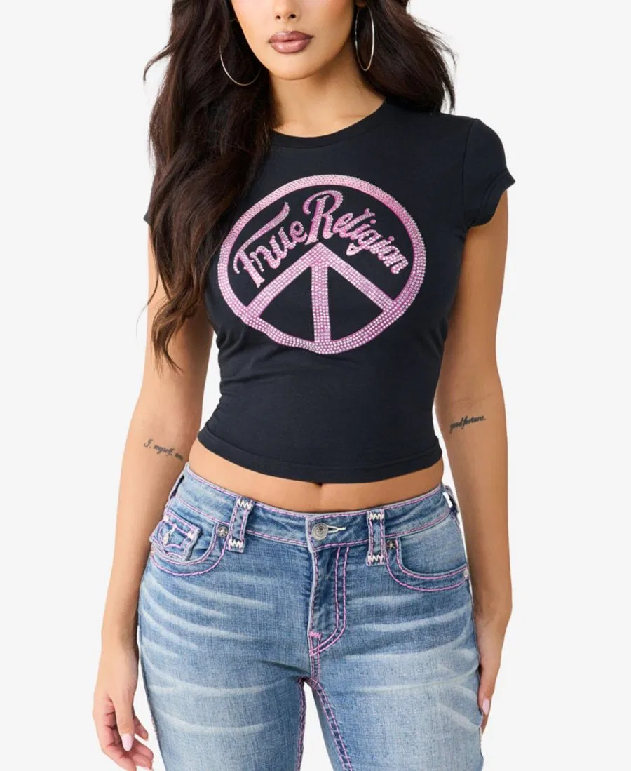 Футболка укороченная с кристаллами и принтом Мир True Religion, Jet Black
