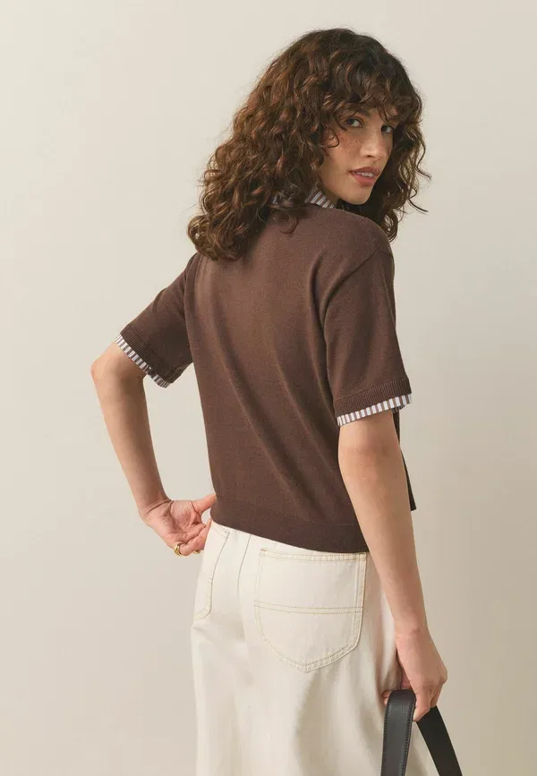 Топ с коротким рукавом, Regular Fit, Polo Top, Next, Chocolate Brown Stripe, коричневый/шоколадный