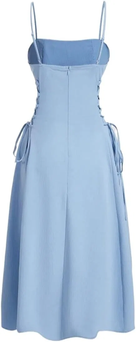 Женское элегантное платье миди на бретелях с рюшами Generic, Baby Blue — фото 3