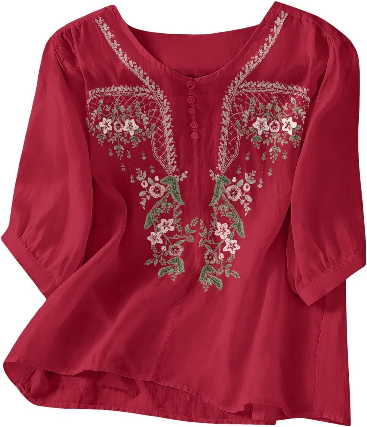 Женская туника с вышивкой, рукав 3/4, V-образный вырез, Bohemian Peasant, красный