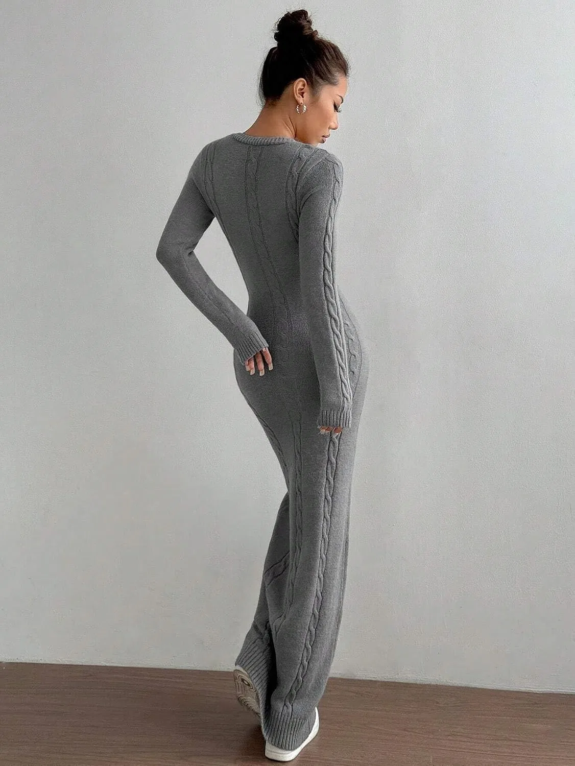 Женское длинное платье-свитер с круглым вырезом, Grey — фото 3