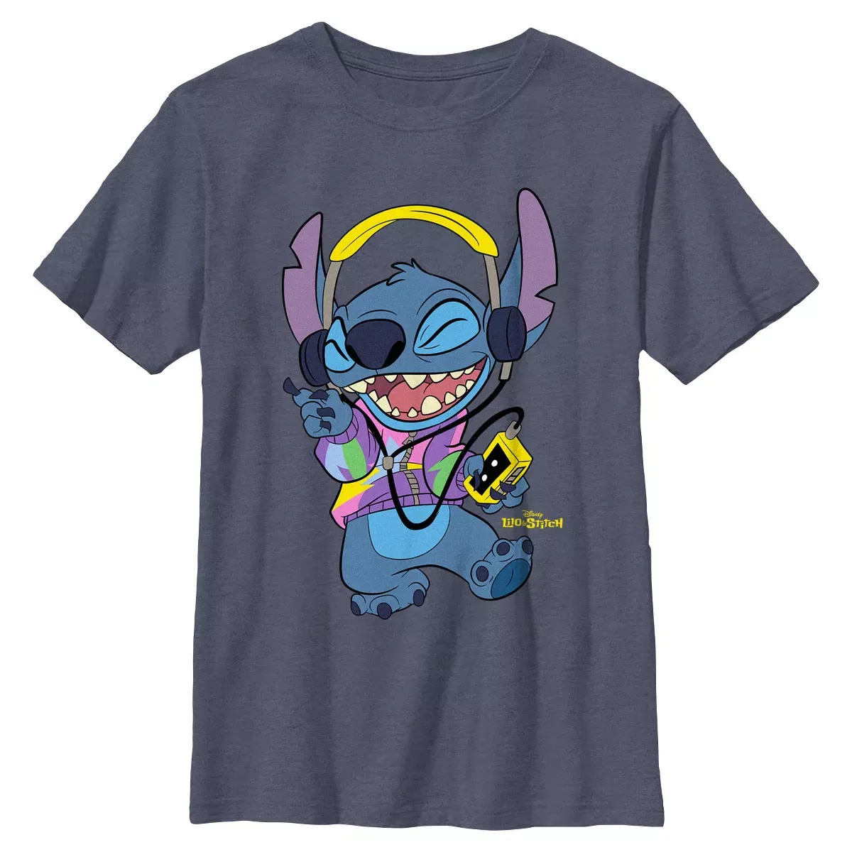 Детская футболка для мальчиков с принтом Cool Headphones Stitch Lilo & Stitch, Navy Blue Heather