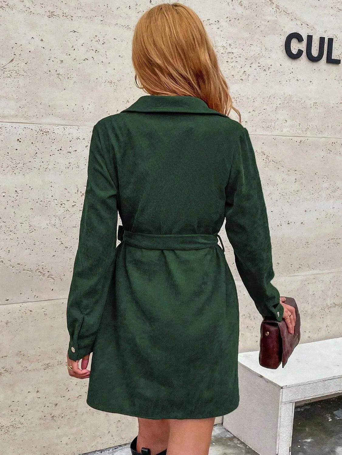 Женское повседневное платье-рубашка с поясом Corduroy, Dark Green — фото 3