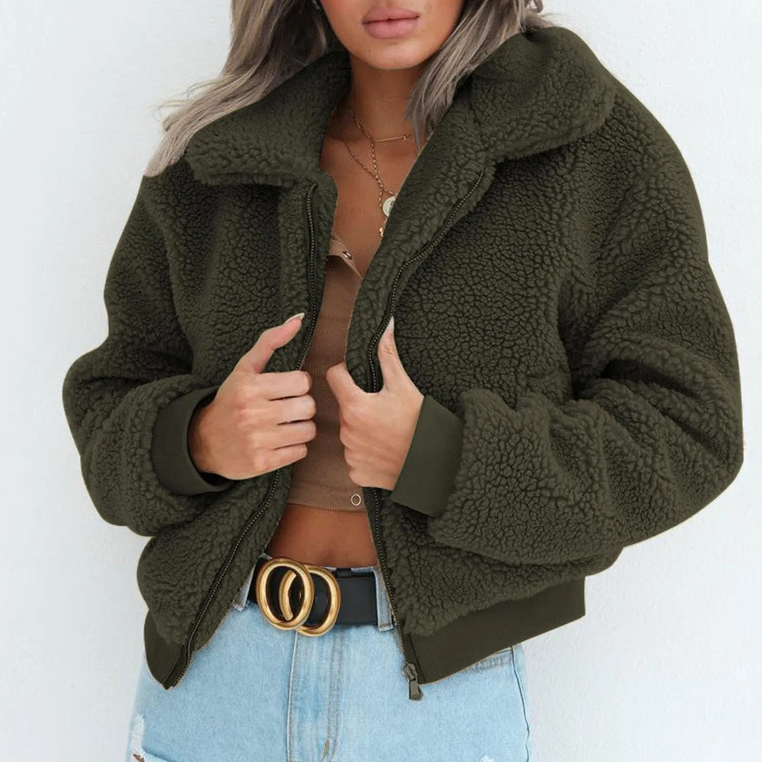 Женское зимнее пальто из искусственного меха с карманами, Army Green — фото 3