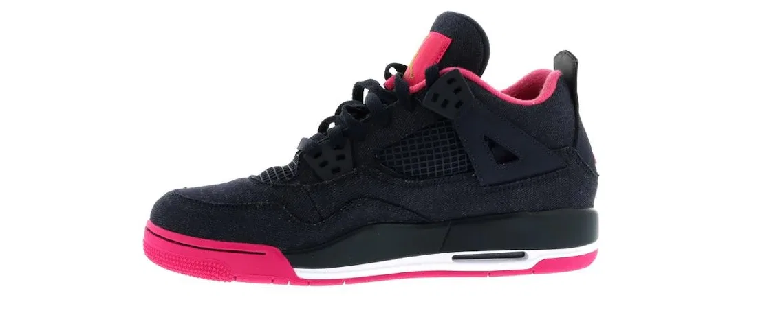 Детские кроссовки для девочек с джинсовым верхом Jordan 4 Retro, Dark Obsidian/Vivid Pink-White-Metallic Gold — фото 3