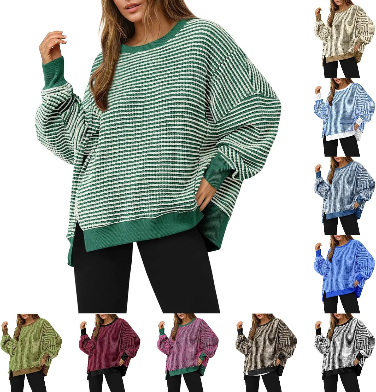 Женский свободный свитшот с принтом в полоску, Oversized Striped Sweatshirt, чёрно-/зелёный