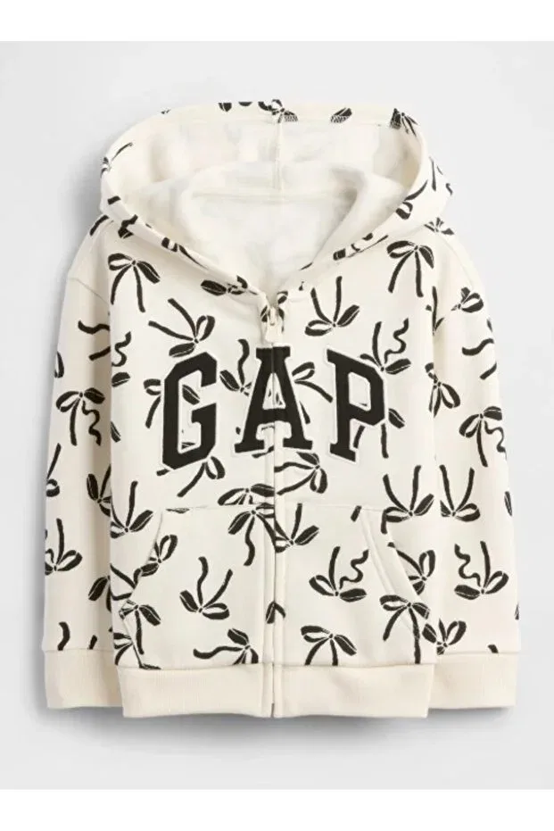 Детское худи для девочек на молнии с капюшоном Mixed Print Fleece-Lined Zip-Up Jacket Gap Kids, Ecru