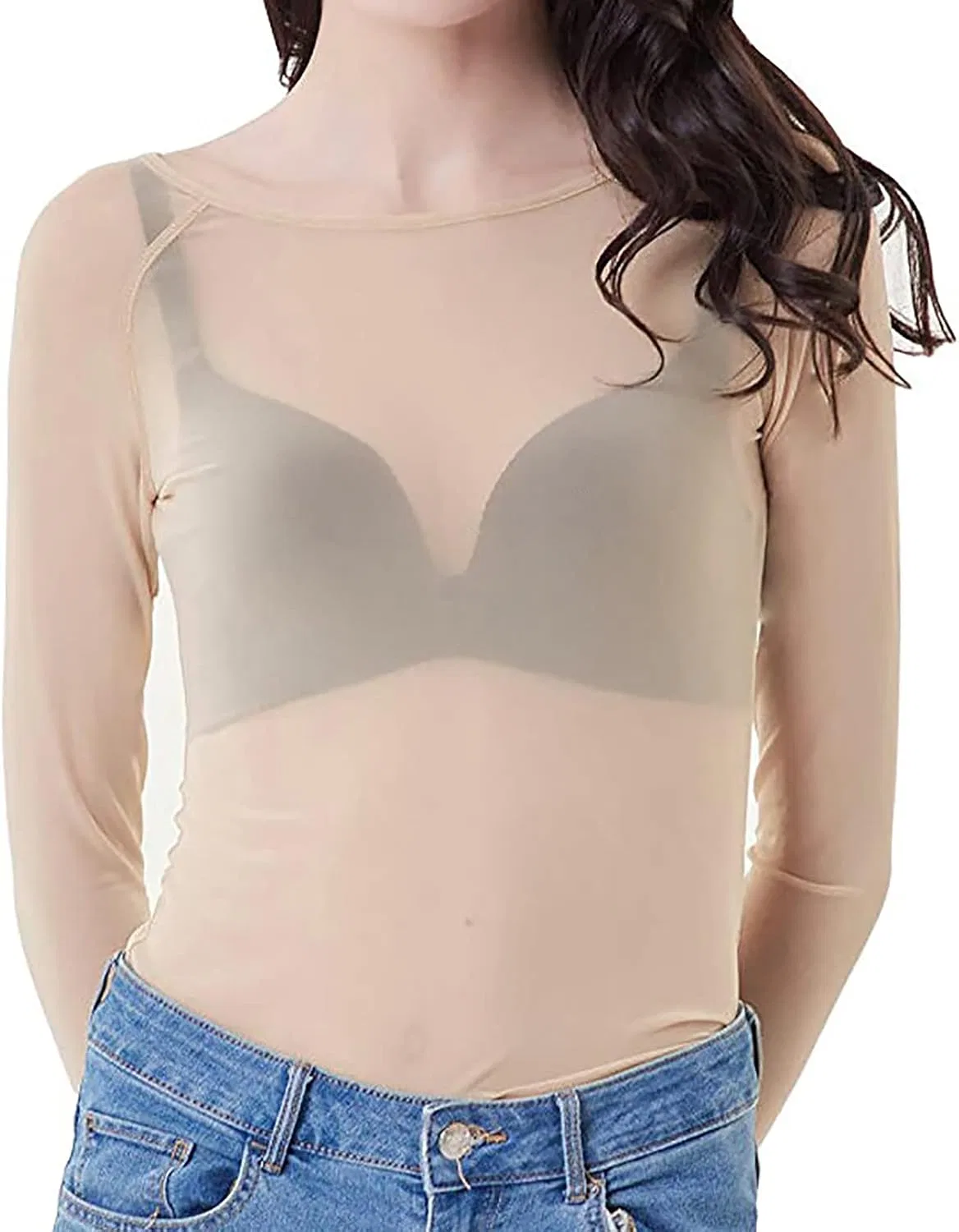 Женская сетчатая футболка с длинным рукавом Slim Fit, Khaki — фото 2