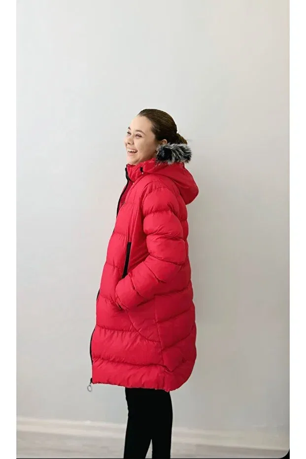 Детское зимнее пальто-пуховик для девочек с длинным рукавом Free Arslan Collection, Red — фото 3
