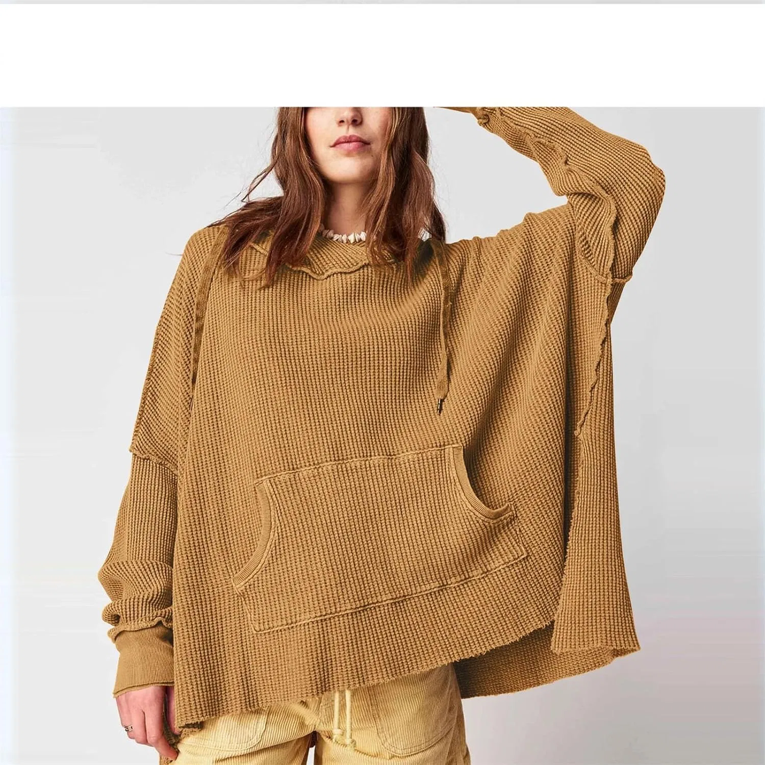 Женский оверсайз пуловер с капюшоном и длинным рукавом, пэчворк, Casual Fashion Top, кремовый/белый — фото 4