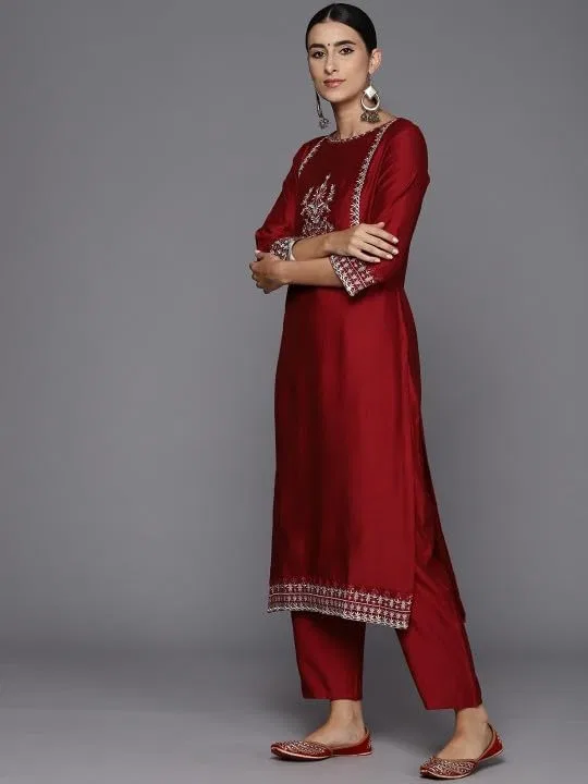 Женское платье-курта с принтом и брюками с дупаттой Cotton Silk, Maroon — фото 4