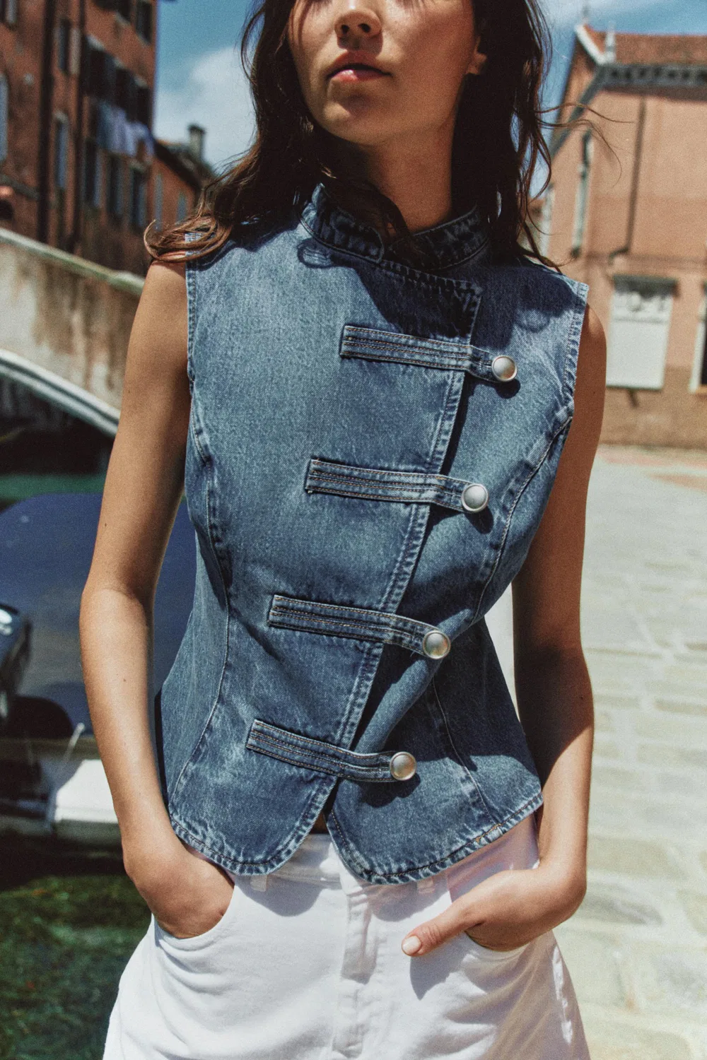 Джинсовый топ Z1975 с застежкой-бабочкой ZARA, Mid-Blue — фото 3