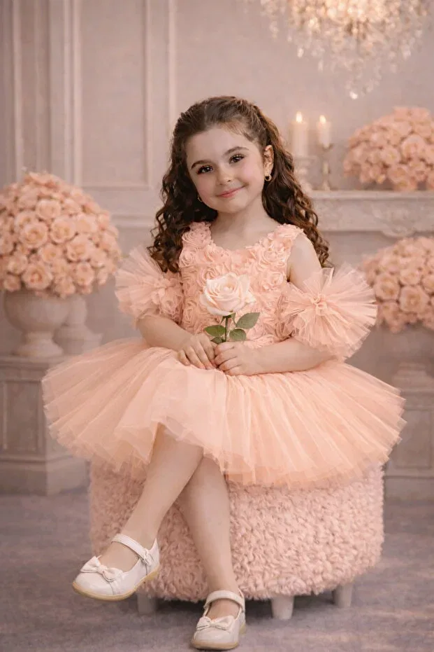 Детское платье для девочек с пайетками Pompom sleeves rose patterned tulle piece party and birthday dress evening dress Mixie, Orange — фото 4