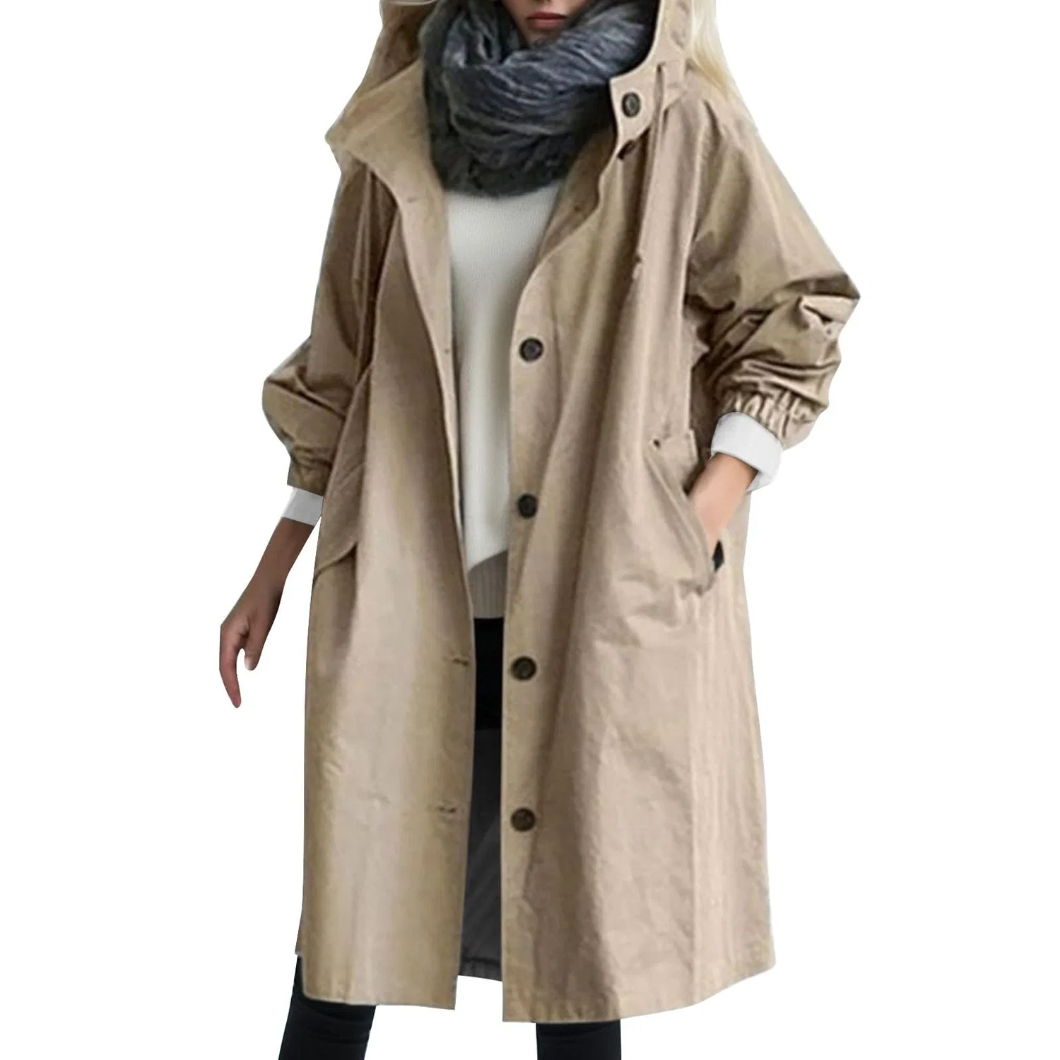 Женское легкое пальто с капюшоном Oversize, dark khaki