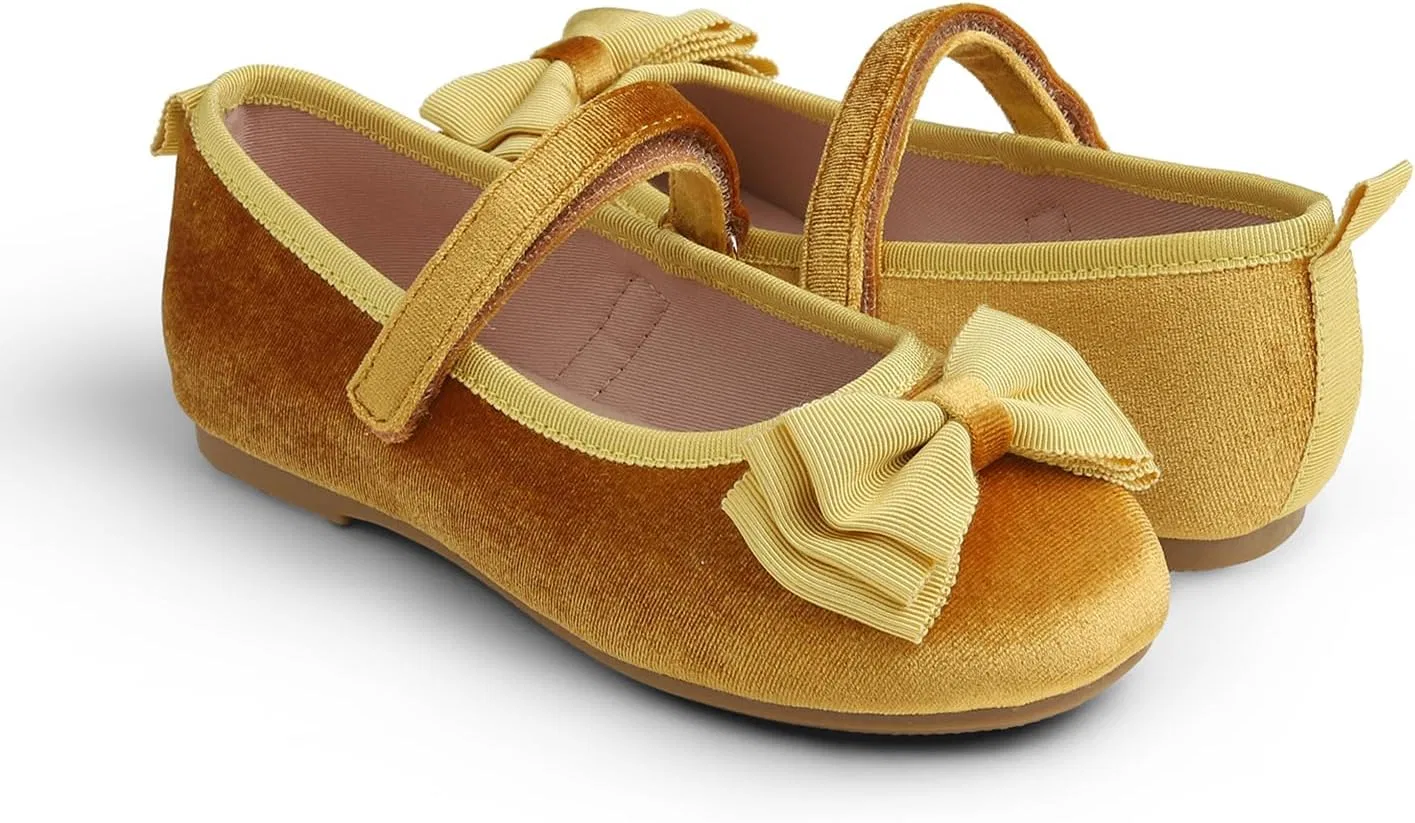 Детские балетки для девочек с бантом FEVERSOLE, Yellow Velvet Tri-Bow Maryjane — фото 4