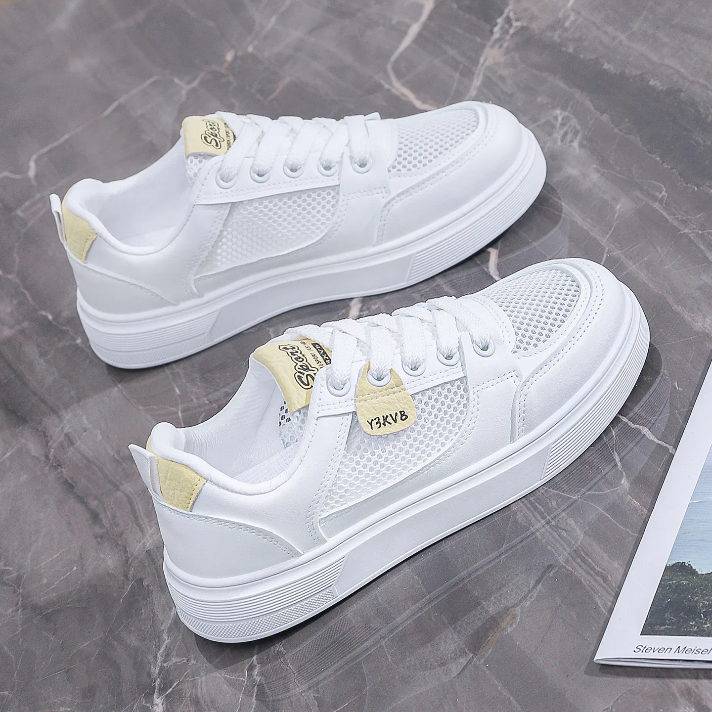 Детские скейтбордические кроссовки White Yellow VENICEW, Бело-Желтый — фото 4